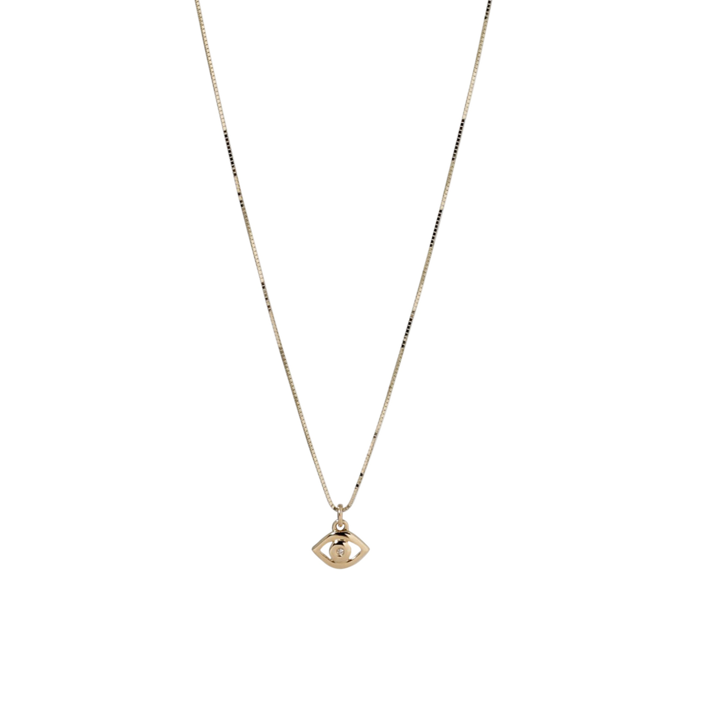 Gold necklace with a small pendant on a white background