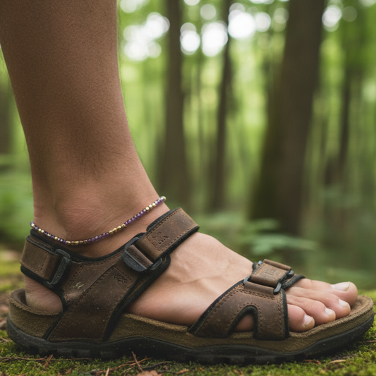 Brown sandals worn on a foot with a blurred forest background