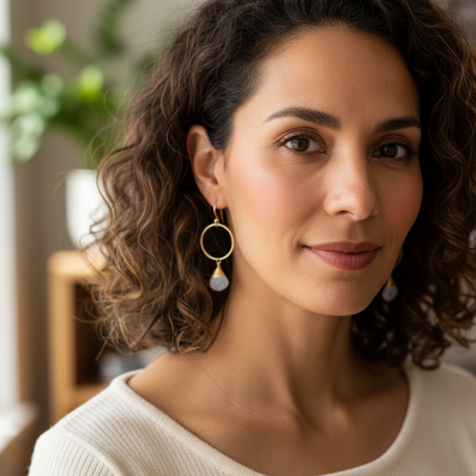 Woman wearing gold earrings with a blurred indoor background