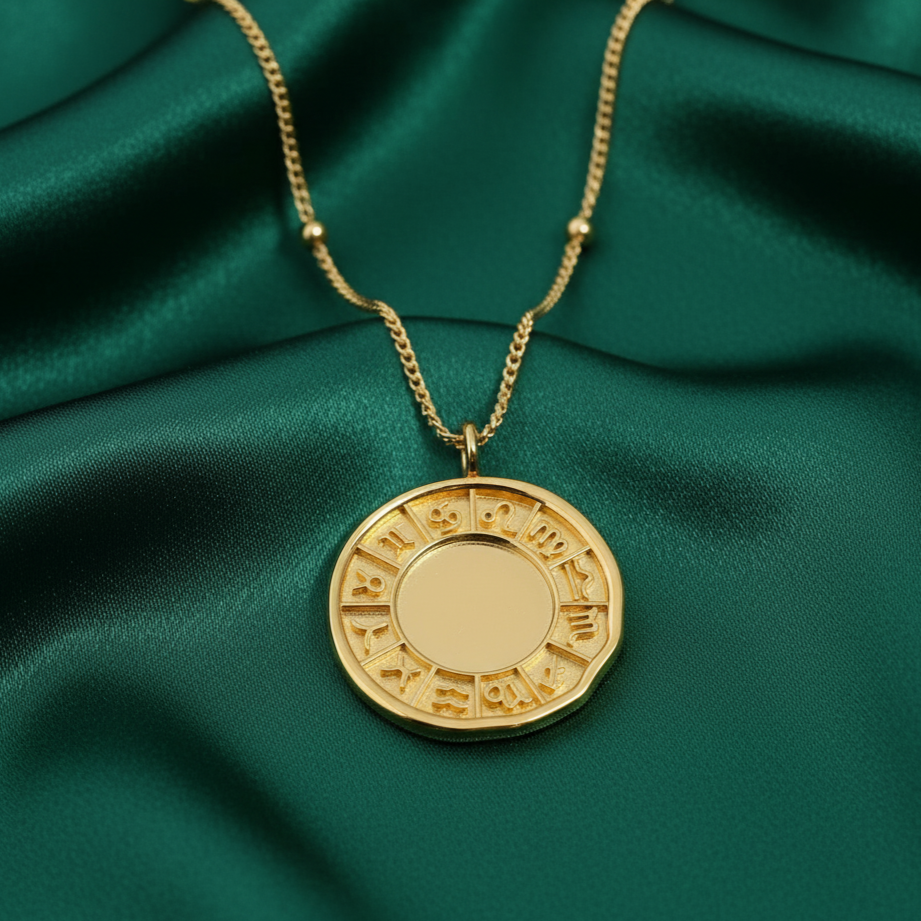 Gold necklace with a circular pendant on a green satin background