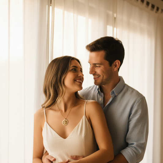 Couple embracing in a warm, softly lit room.