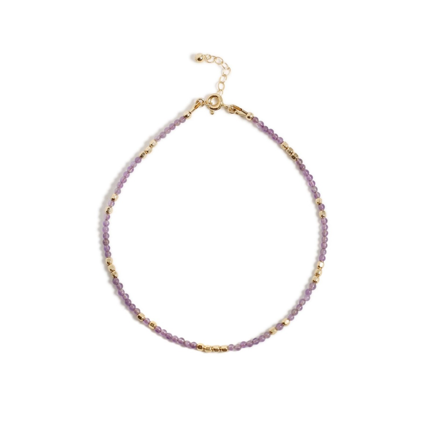 Purple beaded bracelet with gold accents on a white background