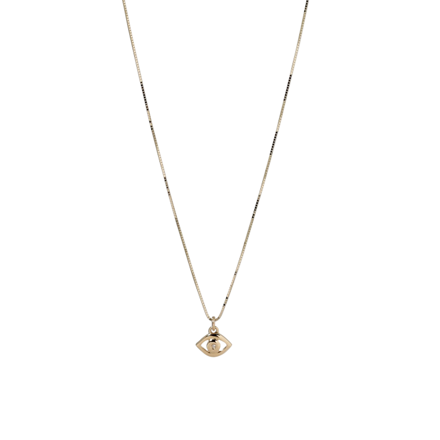 Gold necklace with a small pendant on a white background