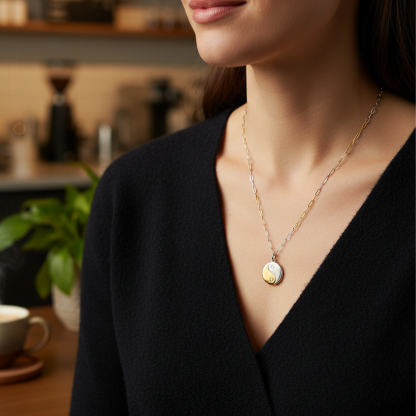 Woman wearing a necklace with a pendant in a coffee shop setting