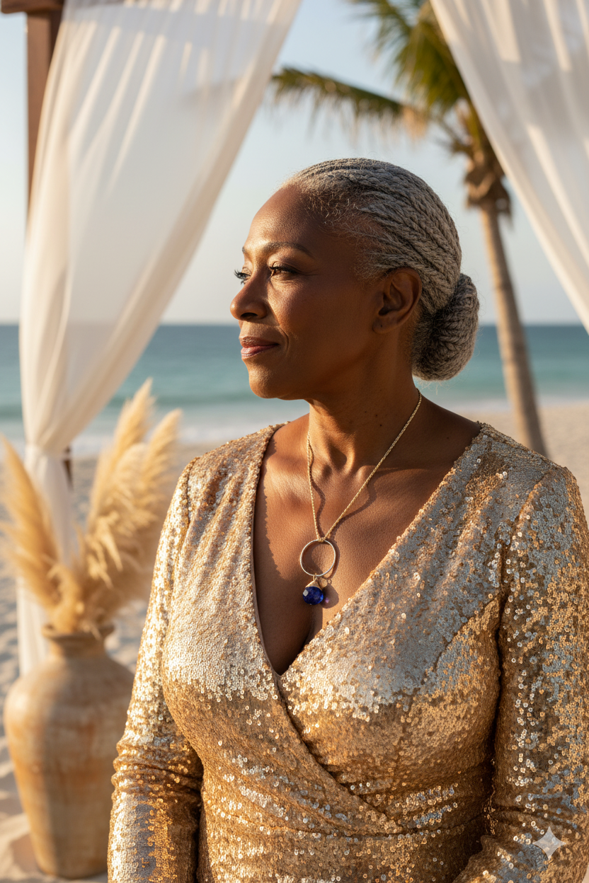 Woman in a gold sequin dress standing on a beach with palm trees and ocean in the background.