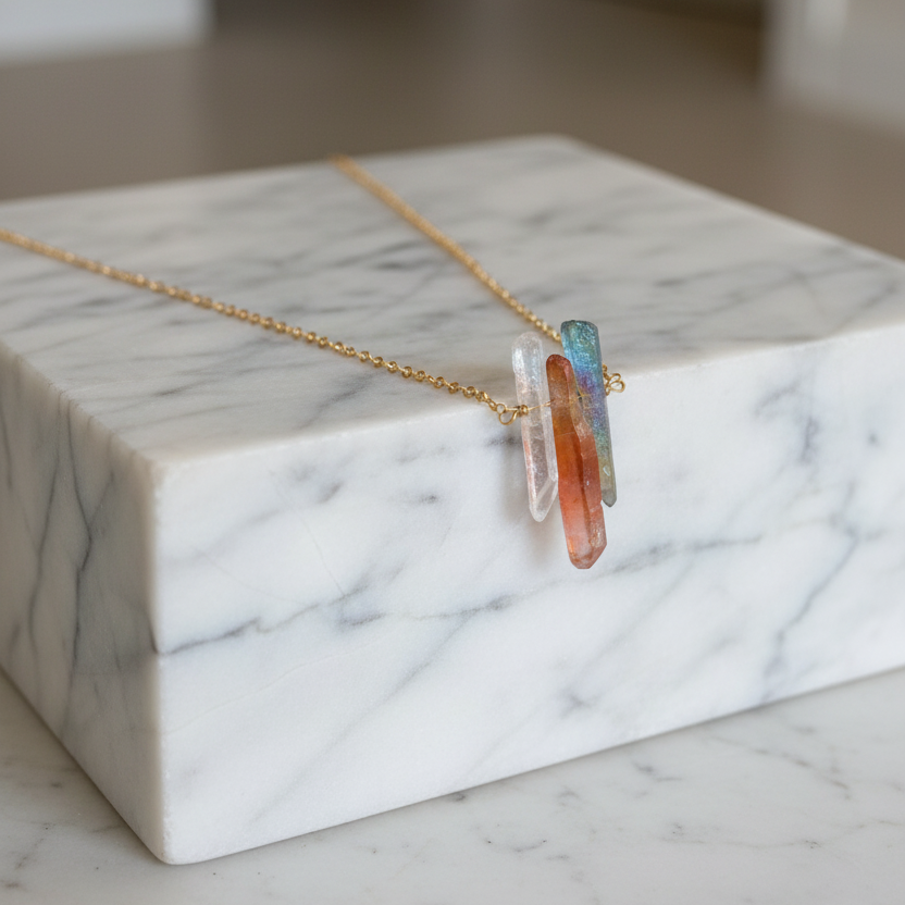 Necklace with a colorful pendant on a marble surface