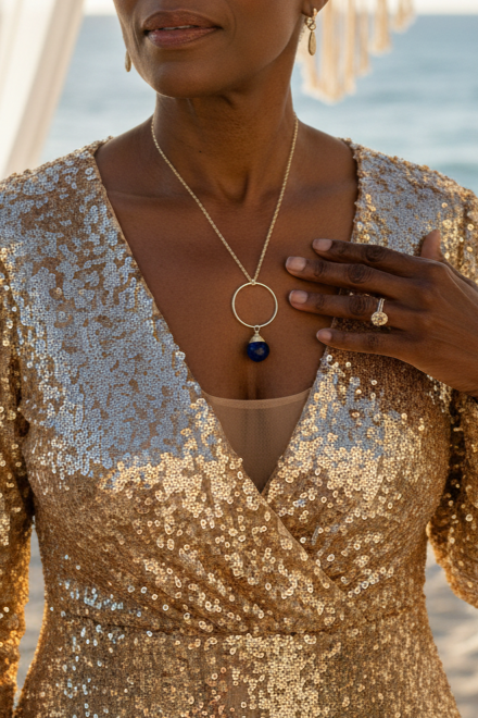 Women wearing necklace closeup.