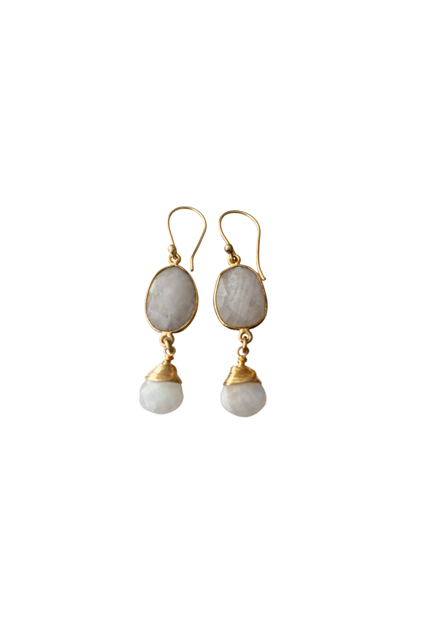Pair of earrings with gold hooks, gray stones, and white beads on a white background