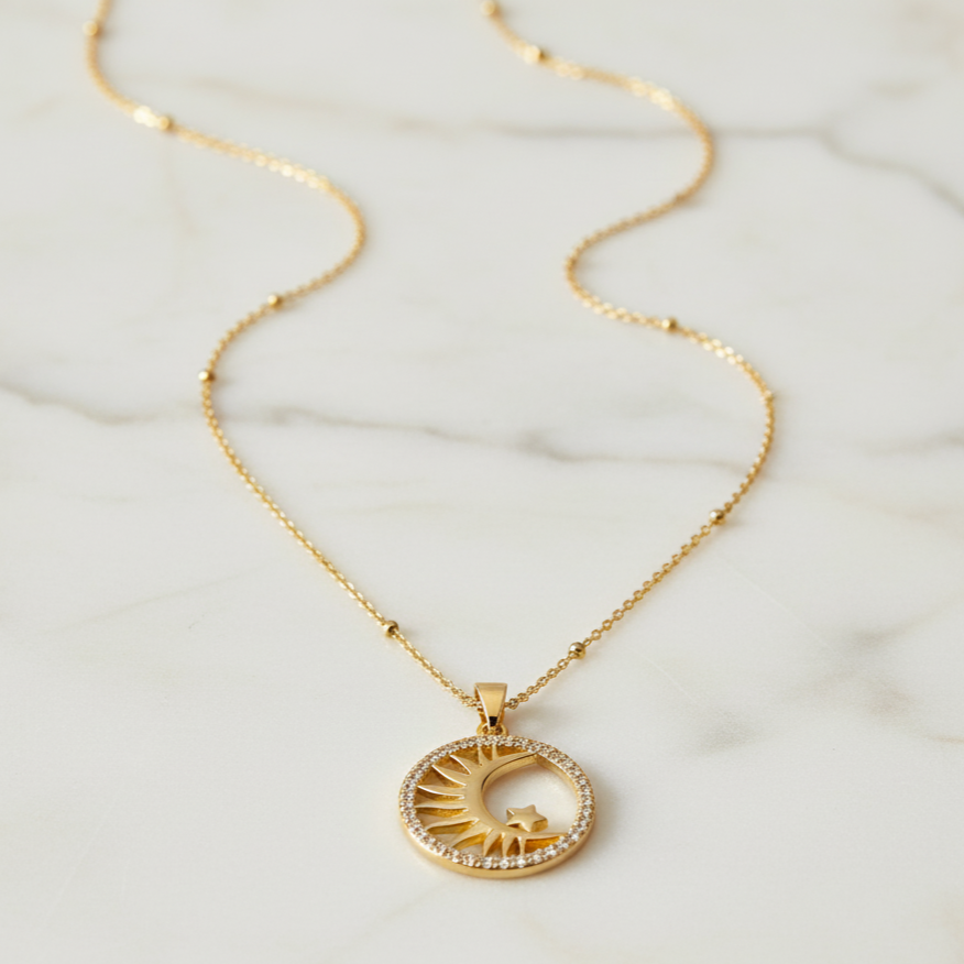 Gold necklace with a circular pendant on a marble surface