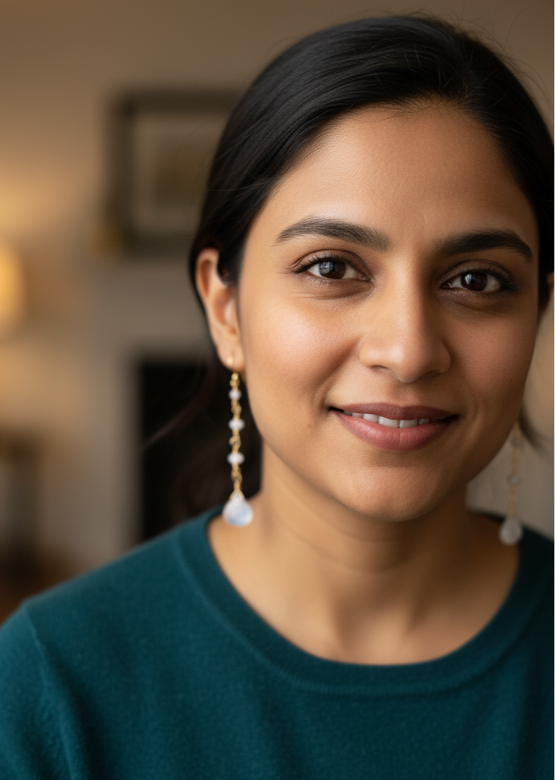 Woman wearing a teal sweater with a blurred background