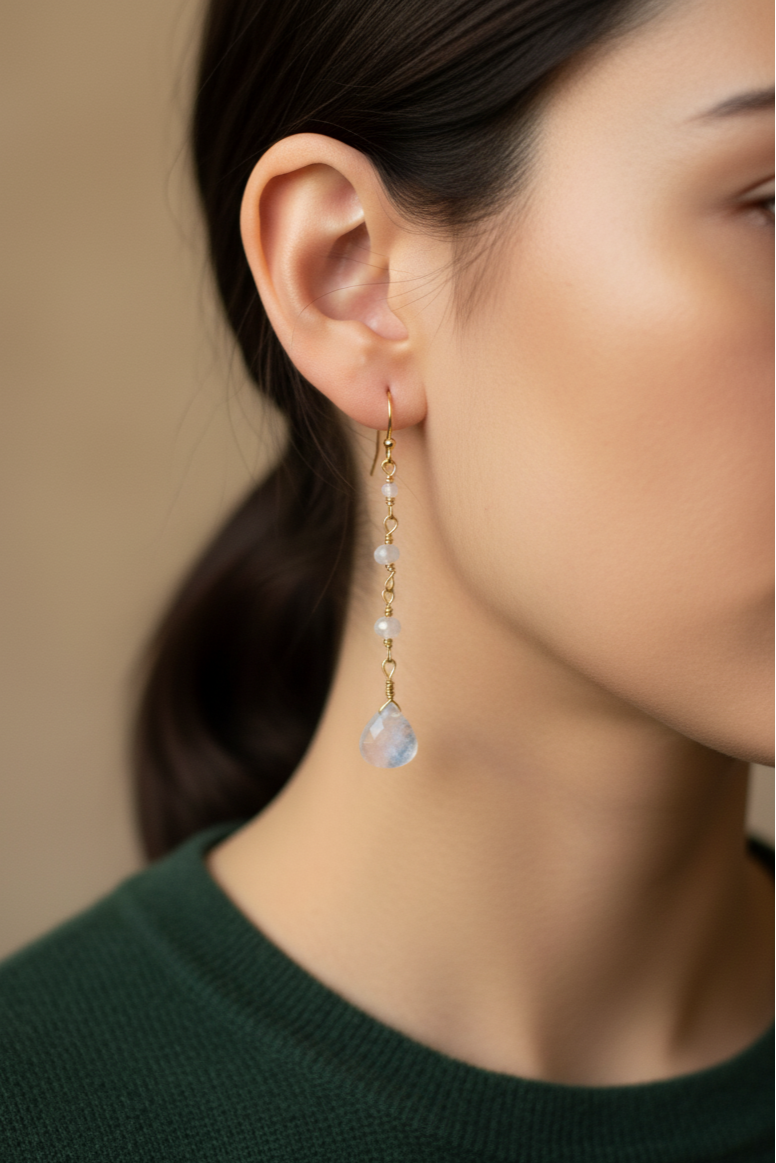 Close-up of a woman wearing a delicate earring with a blurred background