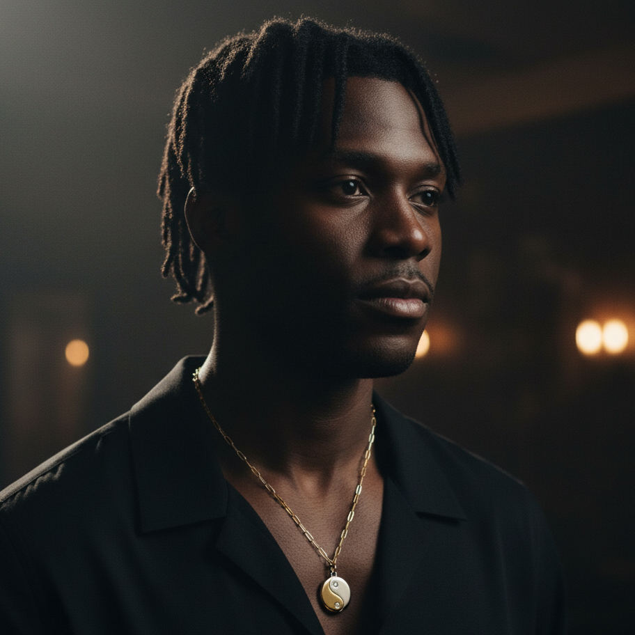 Man wearing a black shirt and gold necklace against a dark background with blurred lights.