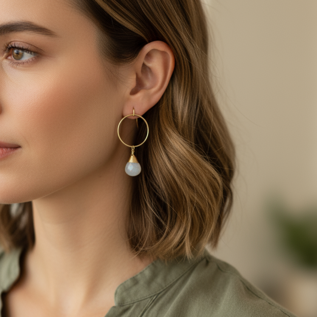 Close-up of a woman wearing gold hoop earrings with a small pearl drop against a neutral background.