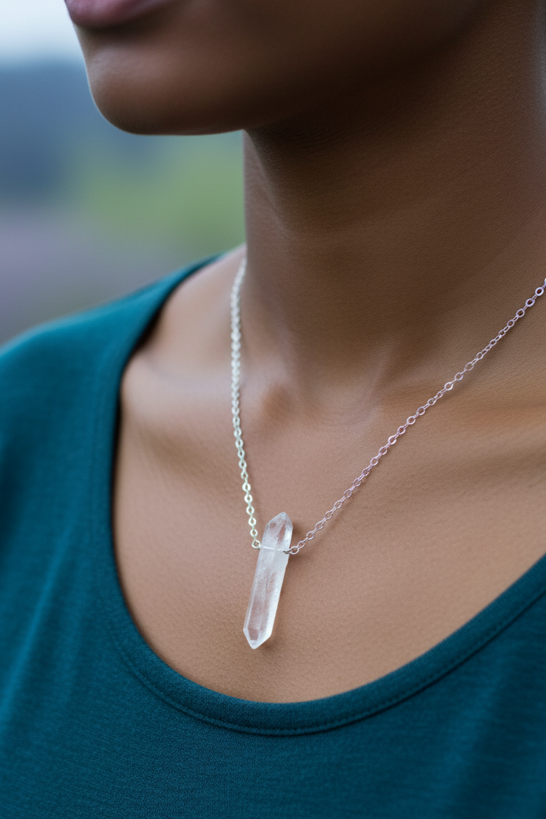 Necklace with a clear crystal pendant worn by a person in a teal shirt.