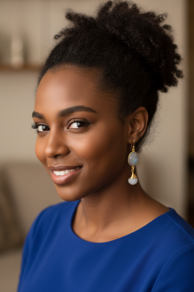 Woman wearing a blue shirt with a blurred background