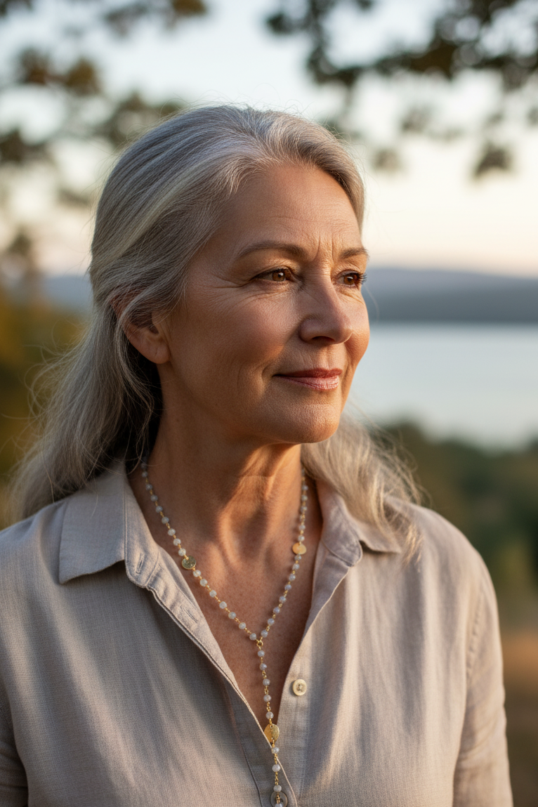 Woman with gray hair standing outdoors near a body of water