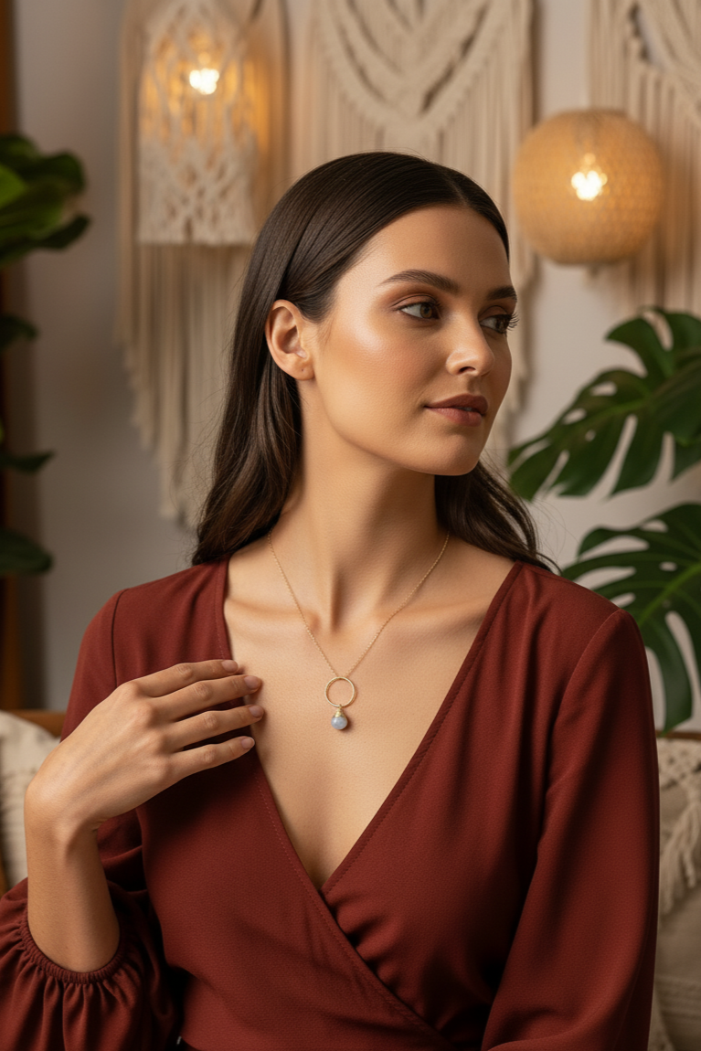 Woman wearing a deep neckline dress with a necklace in a cozy indoor setting.