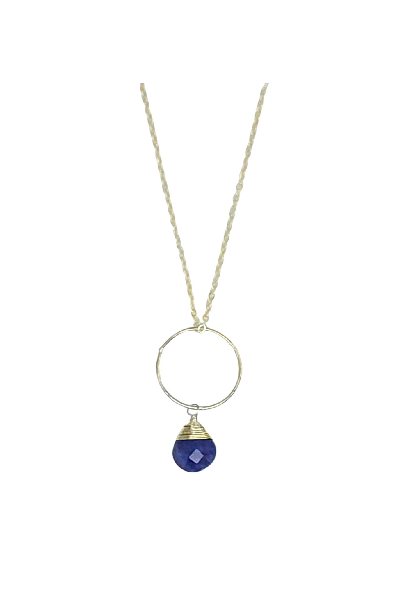 Necklace with a blue pendant and gold hoop on a white background