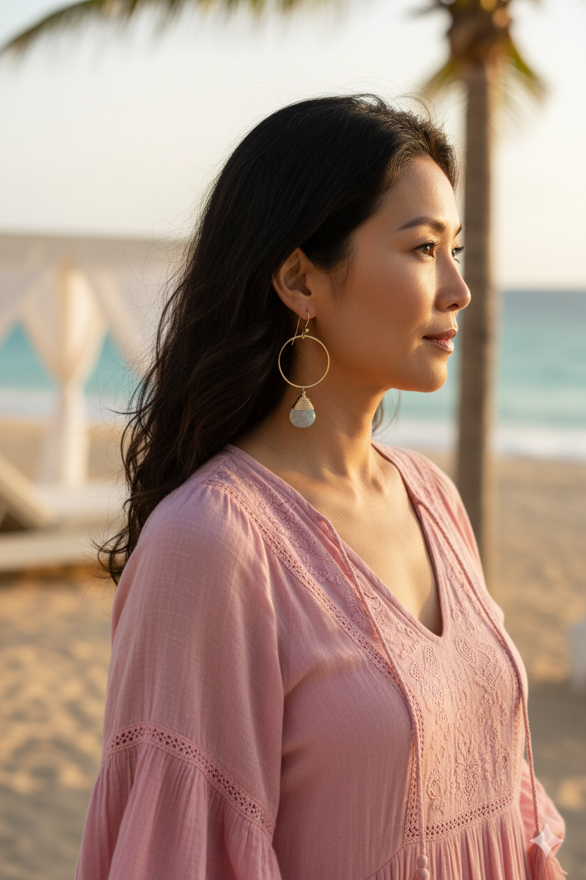 Woman in a pink dress standing on a beach with palm trees in the background