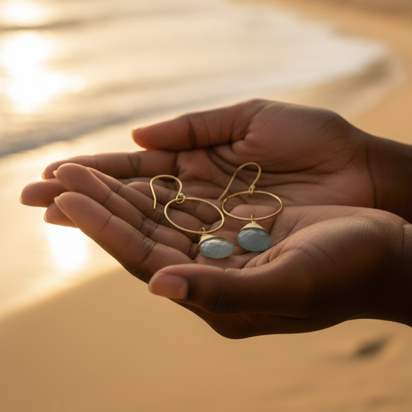 Hand holding gold earrings with a blurred beach sunset background