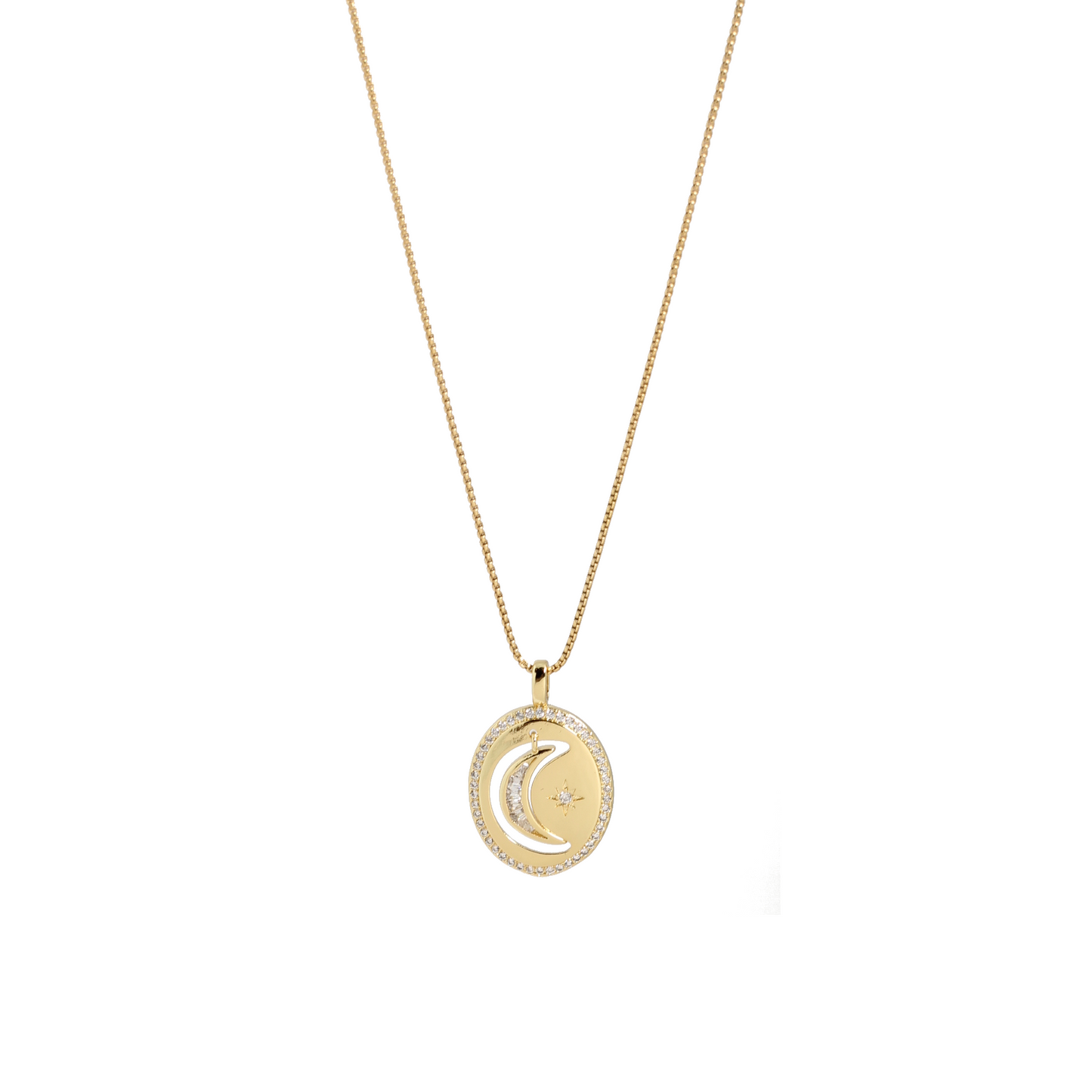 Gold necklace with a moon and star pendant on a white background