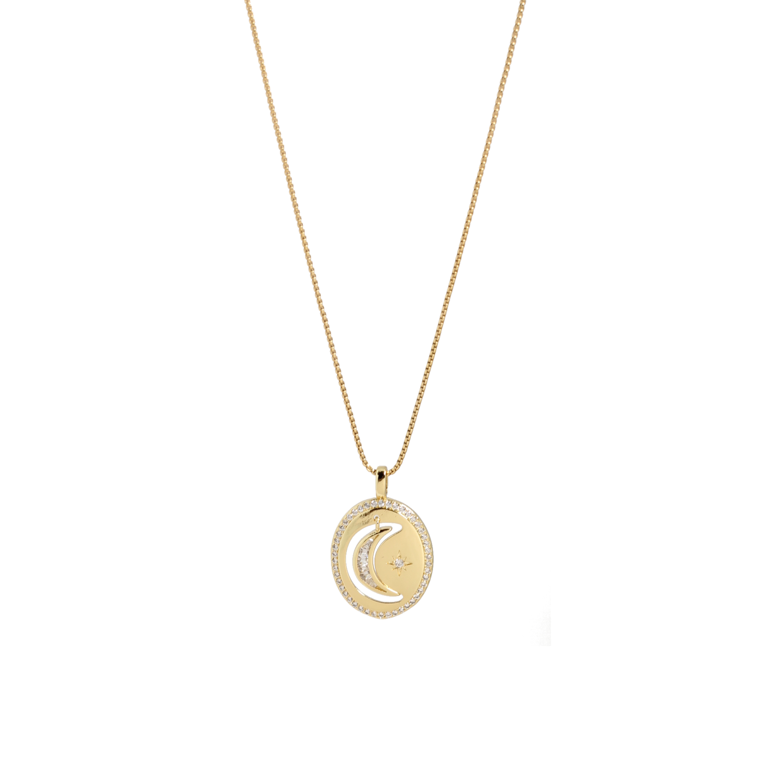 Gold necklace with a moon and star pendant on a white background