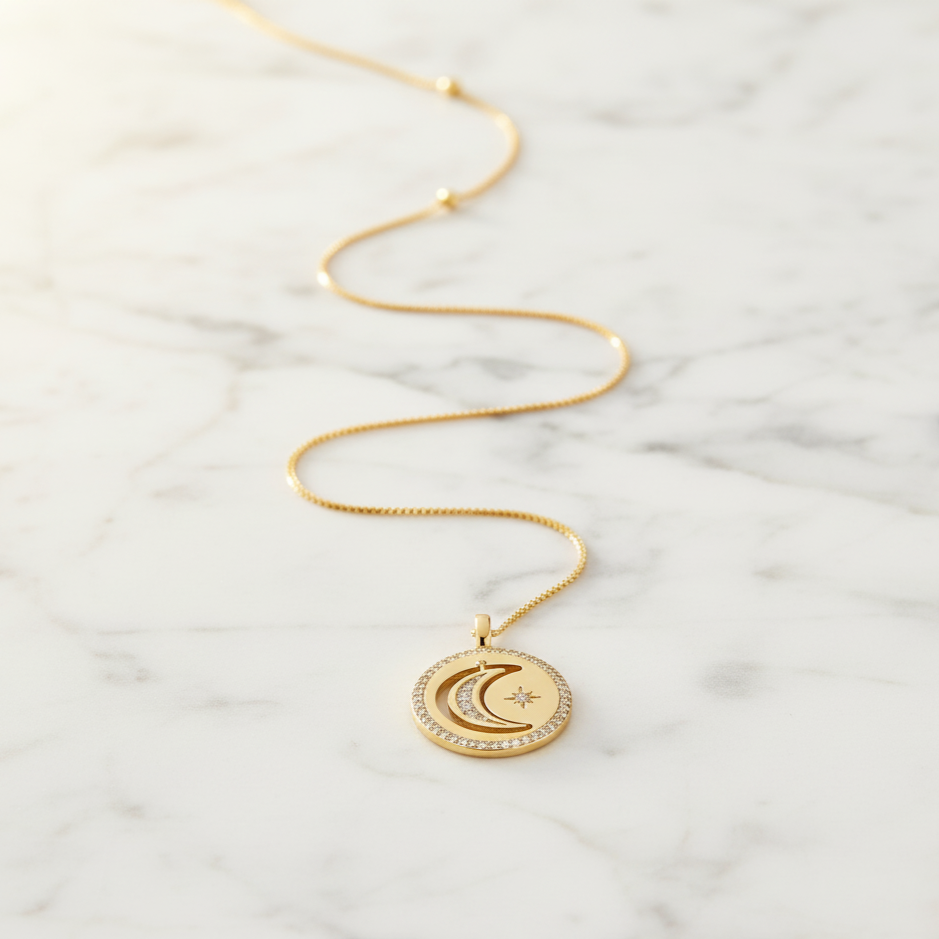 Gold necklace with a moon and star pendant on a marble surface