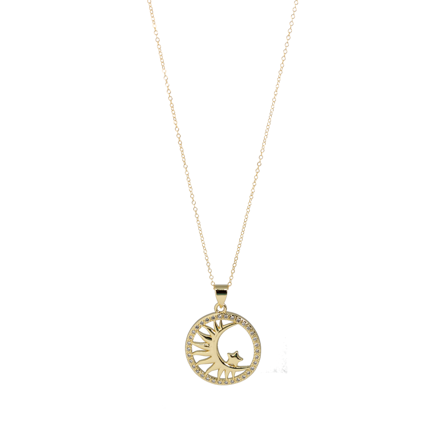 Gold necklace with a moon and star pendant on a white background