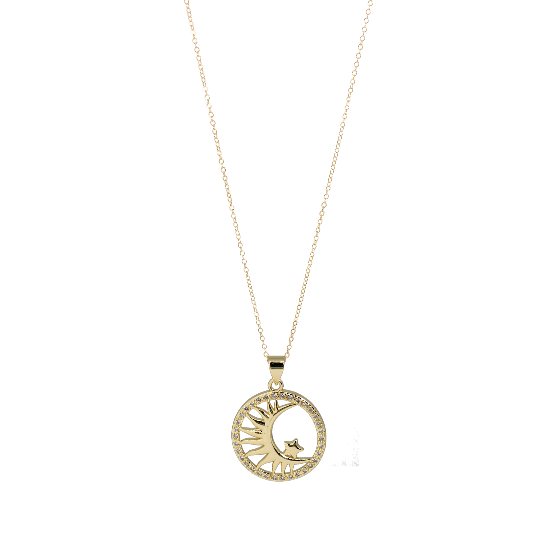 Gold necklace with a moon and star pendant on a white background