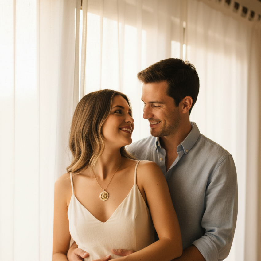 Couple embracing in a warm, softly lit room.